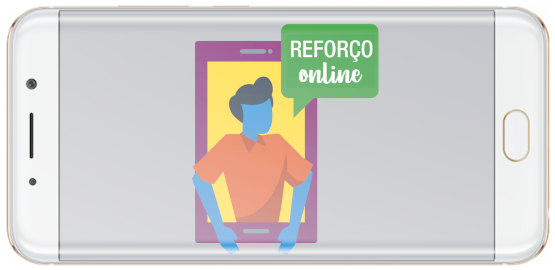 Imagem frente de celular com a logo do Aplicativo Reforço Online/Descomplica