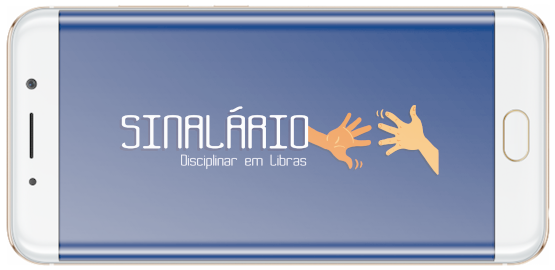Imagem frente de celular com a logo do Aplicativo Sinalário Disciplinar de Libras