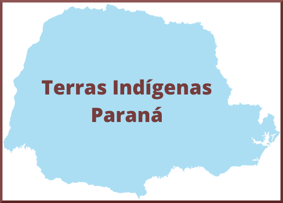 Imagem ilustrativa do mapa do estado do Paraná na cor azul claro, escrito terras indígenas paraná