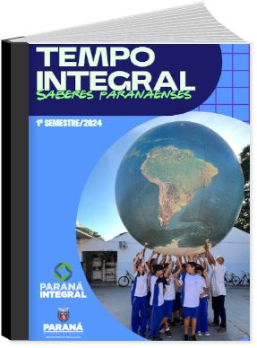 Imagem da capa da revista Tempo Integral, contendo alunos segurando o globo terrestre.